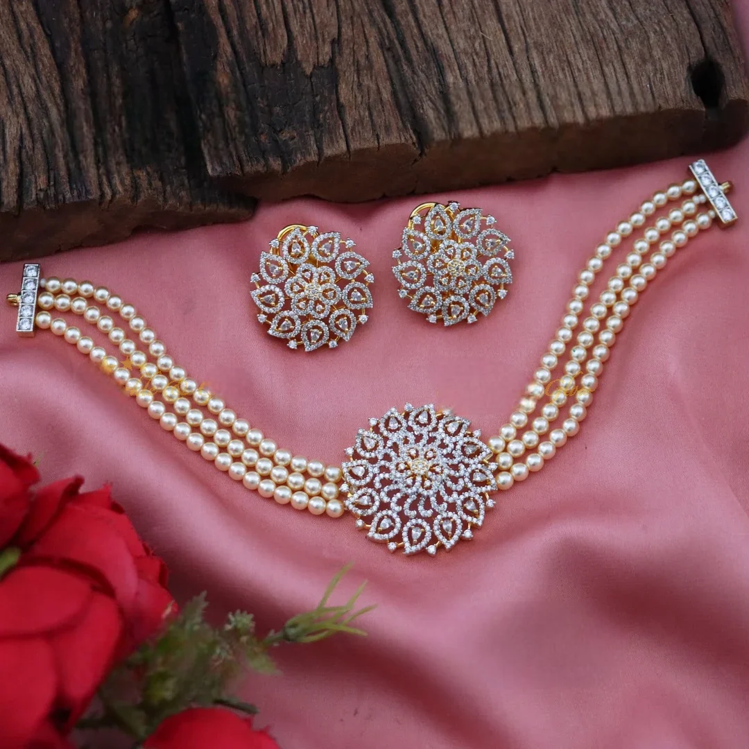 Pearl & American Diamond Choker Set - Glamour & Grace